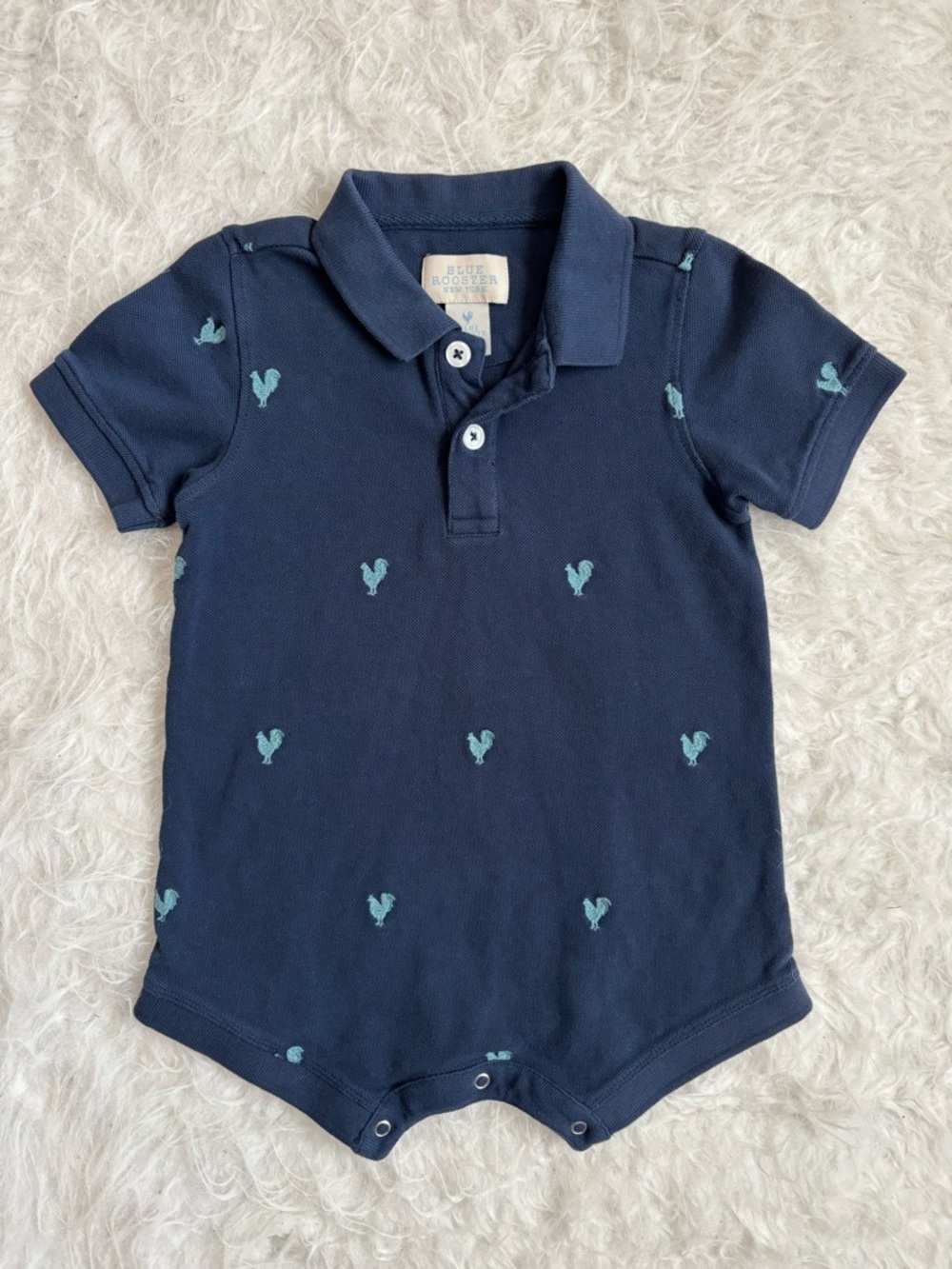 Blue Rooster Collection Baby Boy Navy Romper with Teal Rooster Embroidery